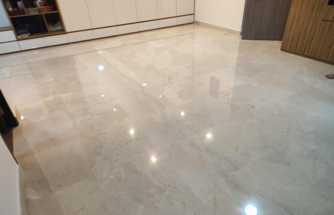 Beige marble living room floor after polishing