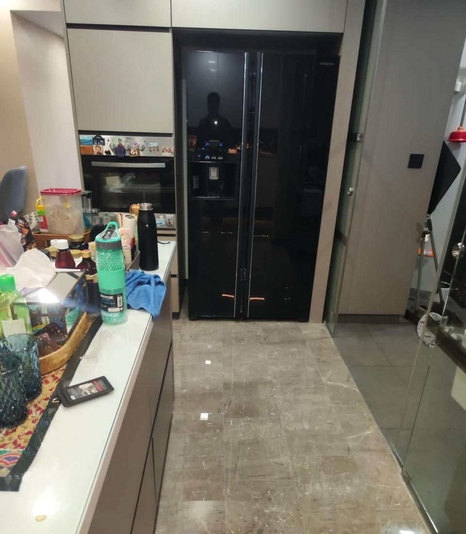 Grey marble kitchen floor with a high shine